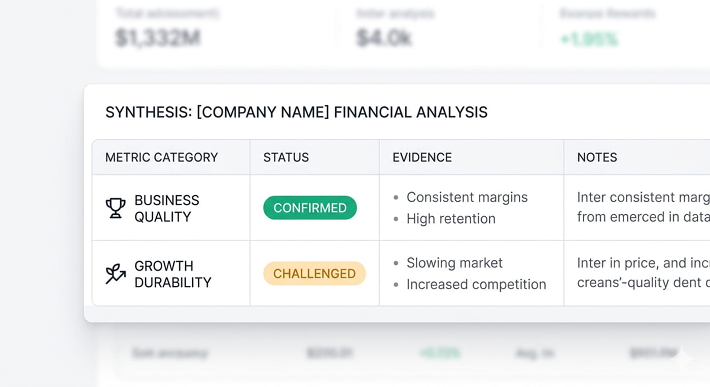 stock analysis table showing business quality, growth, financial strength, valuation, risks, and open questions