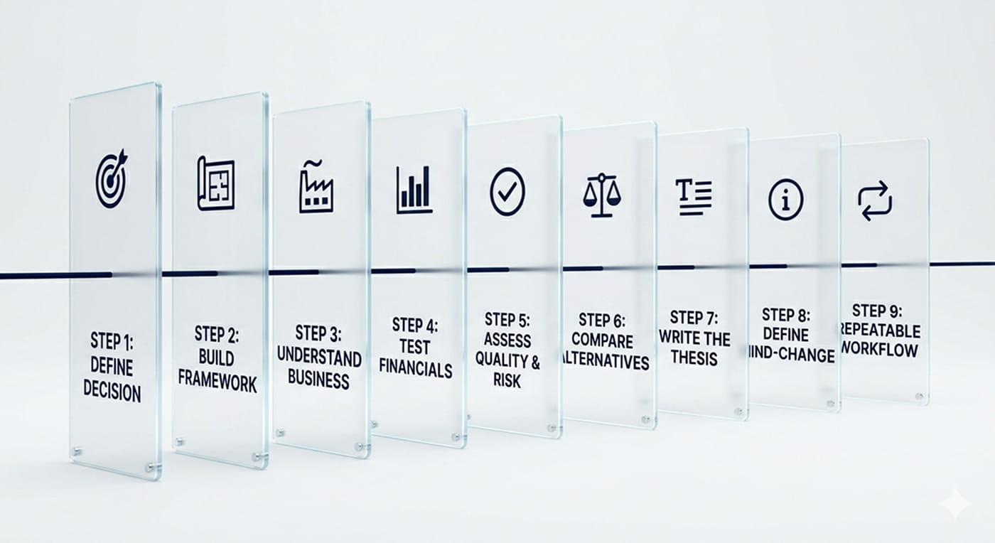 step-by-step stock analysis process from decision definition to thesis review