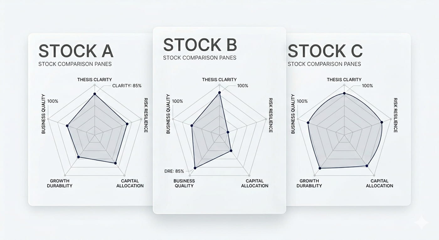 comparison of multiple stocks across quality, financial strength, valuation, and thesis clarity