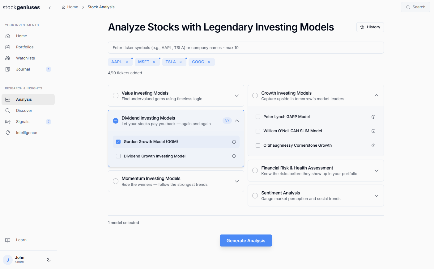 StockGeniuses stock analysis screen with investing model selection