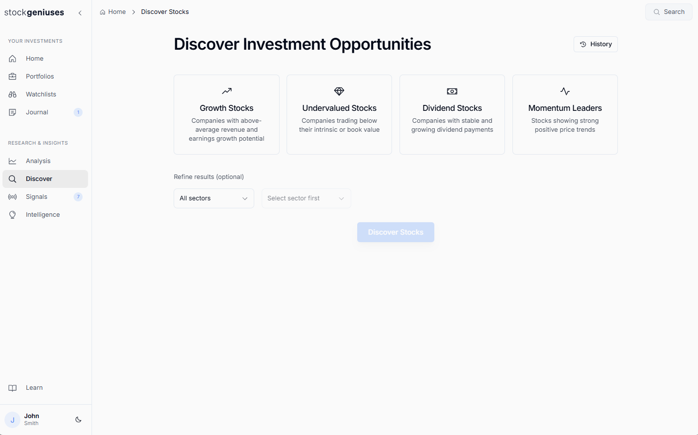 StockGeniuses discover feature screen