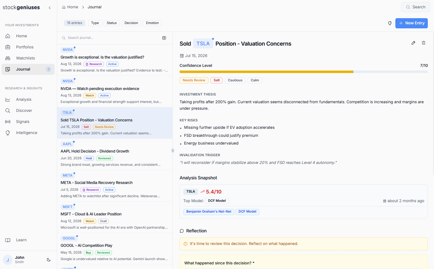 StockGeniuses journal feature screen